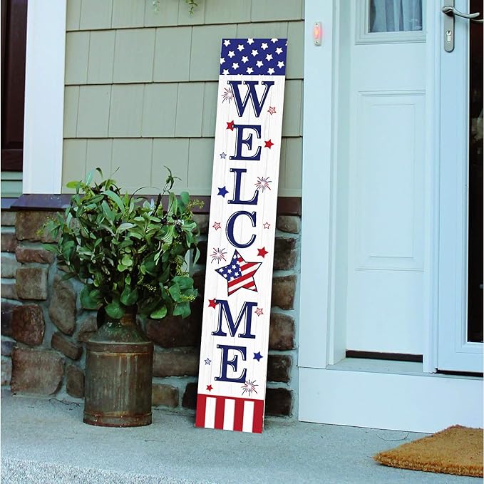 4th of July Welcome Sign for Front Porch, 250th Anniversary Memorial Day Wooden Porch Sign For Outdoor Patio, USA American Flag Standing Yard Sign Summer Door Signs for Garden Wall