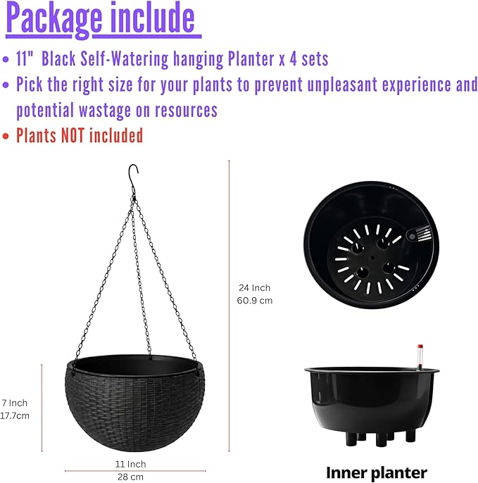 LaLaGreen Hanging Planters for Indoor Plants (11 Inch, 4 Pack) Self-Watering Round Rattan Style Flower Pots with Water Level Indicator, Black Metal Chain Hanging Baskets for Porch Garden Balcony Decor