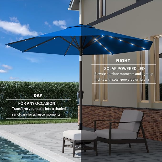 9FT Patio Umbrella with Solar Lights,Outdoor Market Umbrella with Tilt and Crank, LED Lighted Table Umbrella for Garden,Deck,Backyard,Pool,Beach