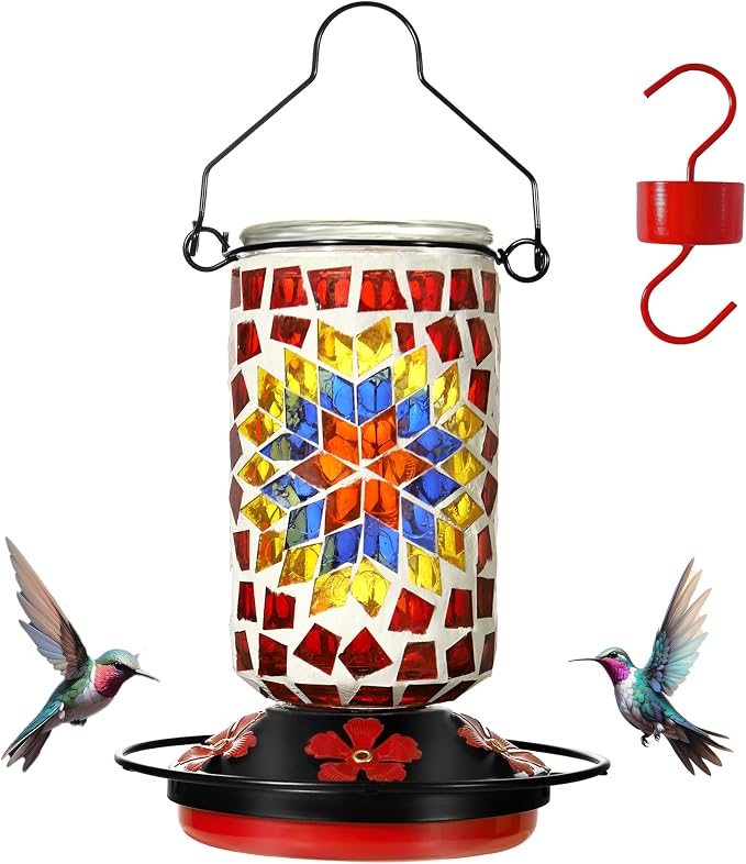 Glass Hummingbird Feeder, Red Hummingbird Feeders for Outdoors Hanging, 19 Ounces, Mosaic Flower Bottle Easy to Clean, 5 Feeding Ports, Ant Moat Included