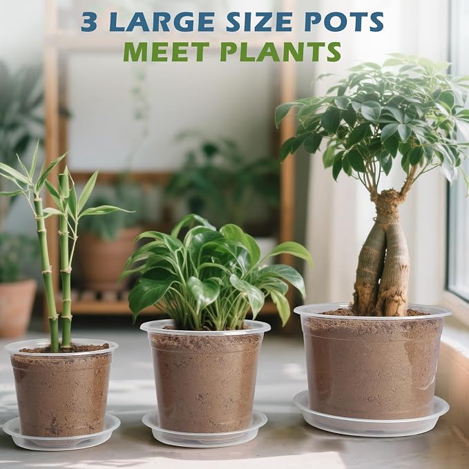 5 Pack 10 Inch Large Clear Nursery Pots with Drainage Hole and Saucers, Plastic Plant Pots for Seedlings, Flowers, Indoor Outdoor Gardening