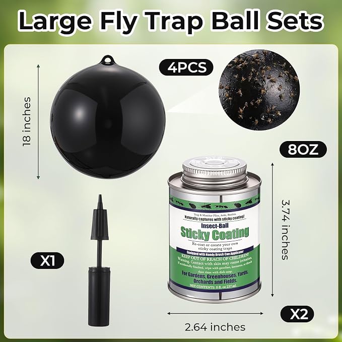 4 Pcs Large Fly Trap Balls Hanging Fruit Fly Traps Outdoor Adhesive Insect Balls with 2 Pcs Sticky Coating Glue Air Pump Insect Catch Sticky Bug for Farm Orchard Deerflies Mosquito (Black)