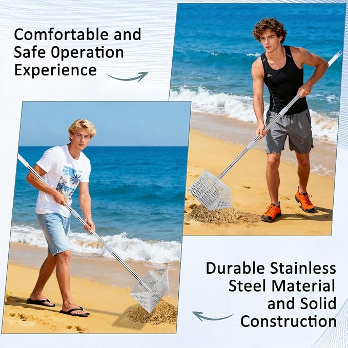 Sand Flea Rake, 65-Inch Long Handle Stainless Steel Sand Sifter - 13-Inch Wide Mesh Screen Shark Tooth Sifter for Beach/Seaside Collecting: Sand Fleas, Shark Teeth, Seashells & Marine Treasures