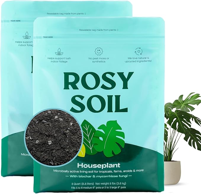 Rosy Soil Indoor Potting Soil for House Plants, 2 x 8 qrt - Organic Potting Soil Mix for Indoor Plants -Enriched w/Root-Boosting Biochar for Foliage Plants, Flowers, Herbs - Pack of 2
