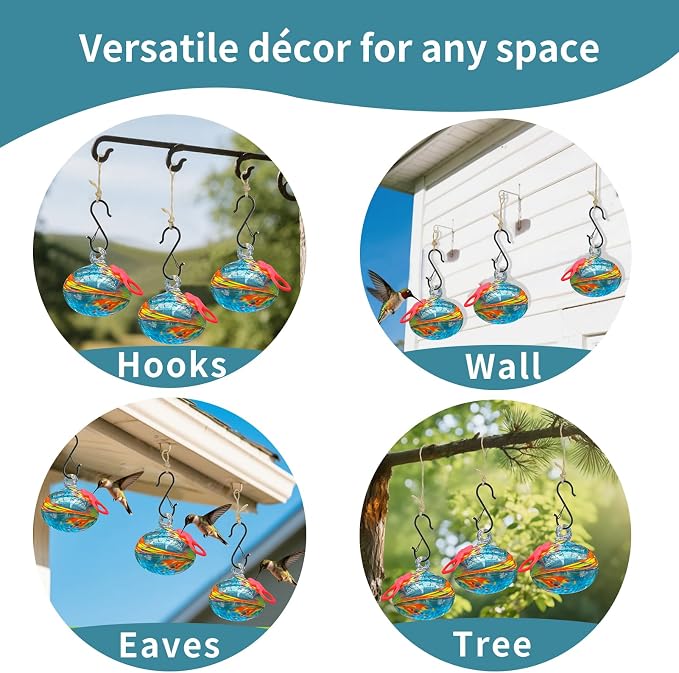 Pozfun Set of 3 Hummingbird Feeders for Outdoors Hanging,Hand-Blown Glass Hummingbird Feeder with Silicone Feeding Perch,Never Leak,Gardening Gifts for Woman Man(Blue)