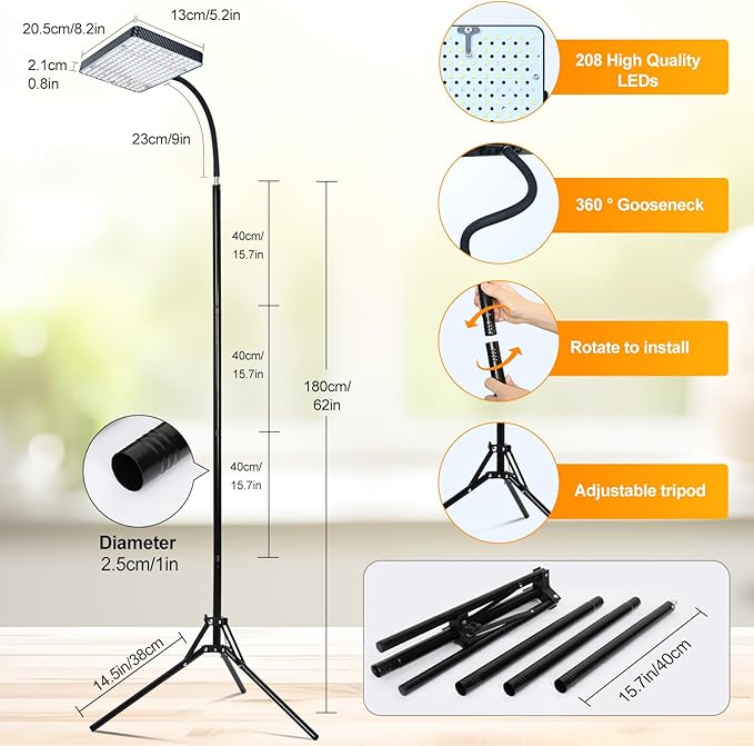 2026 Grow Light with Upgrade Stable Stand, Bright Grow Lights for Indoor Tall Plants, Bonsai Tree, 4/8/12/16/20H Timer, 25 Watt Power Draw, NO Need Adapter, 24"-76" Height Adjustable