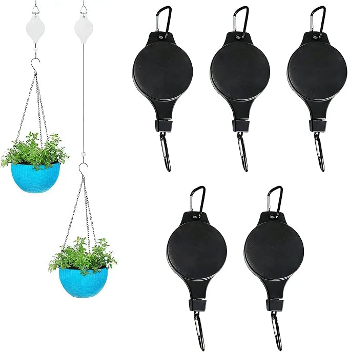 5PCS Retractable Plant Pulley Hanger Hook - Height Adjustable for Hanging Flower Pots, Baskets & Bird Feeders（5PCS Black）