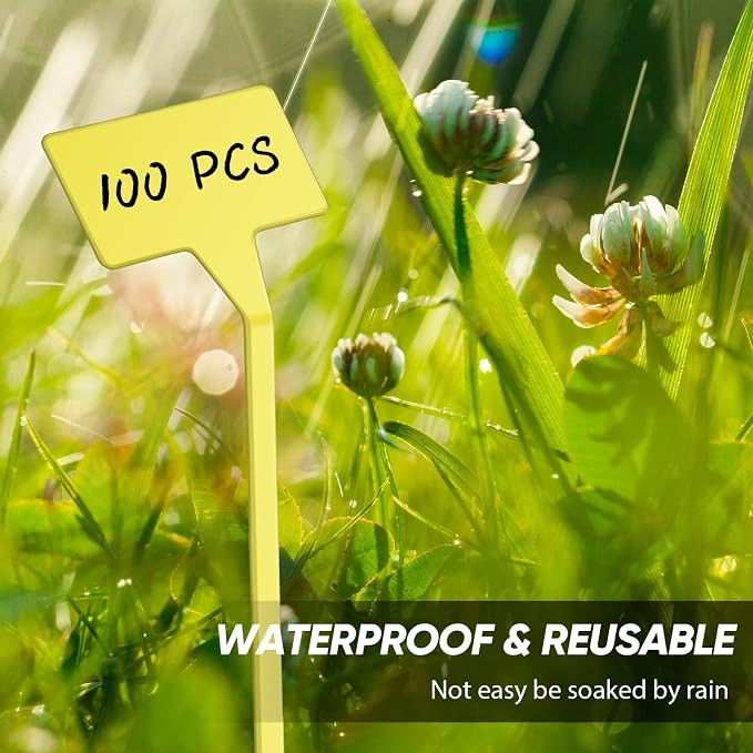 Yinkin 100 Pcs Large Plant Label Signs 11.8 Inch Plant Markers Plastic Garden Label Stakes Waterproof T Type Tags Nursery Garden Signs with Marker Pen for Flower Herb Pot(Yellow)