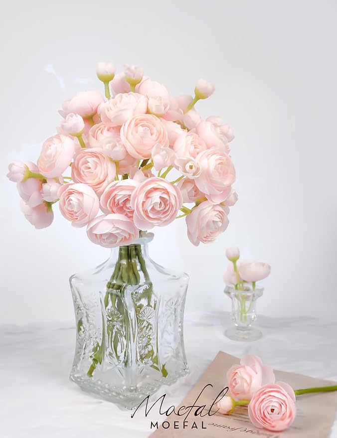 Ranunculus Artificial Flowers 18pcs, Faux Silk Mini Ranunculus Bulk Fake Wedding Filler Flowers for DIY Bouquets Centerpieces Bridal Shower Decorations Arrangements, Blush Pink