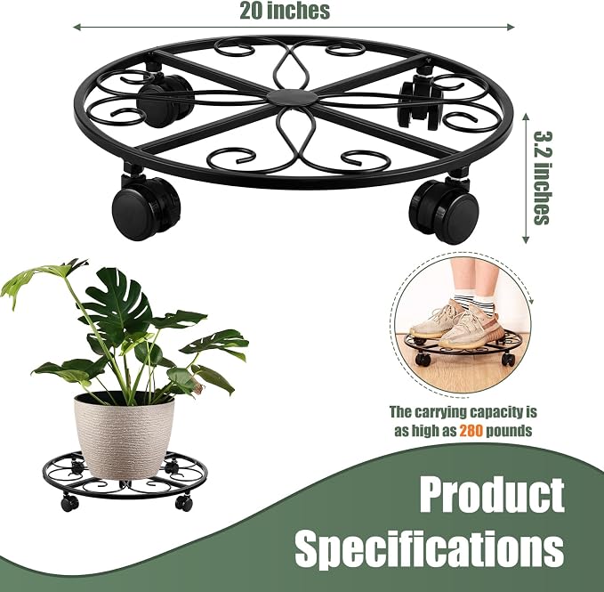 3 Packs 20” Plant Caddy with Wheels Metal Plant Stand on Wheels for Indoor and Outdoor Plants Rolling Plant Stand with Casters Heavy Duty Plant Dolly Roller Caddy, Black