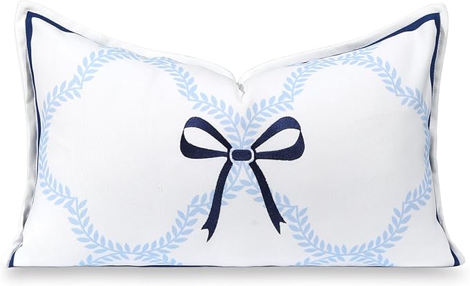 Hofdeco Premium Coastal Hampton Patio Indoor Outdoor Lumbar Pillow Cover Only, 12"x20" Water Repellent for Backyard, Couch, Poolside, Baby Blue Navy Embroidered Ribbon Bow Tie on Leaves