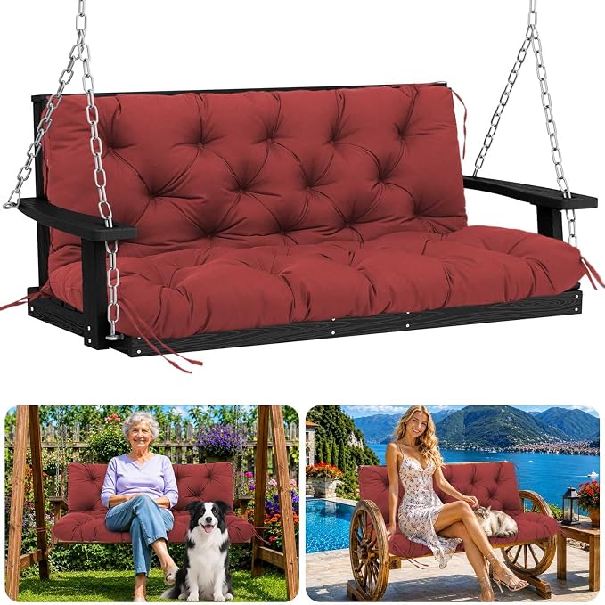 Porch Swing Cushions 60 inch Waterproof & Fade Resistant Thicken 5" Outdoor Swing Cushions 3 Seater Replacement with Backrest & Ties Patio Swing Cushions for Outdoor Furniture (Wine Red)