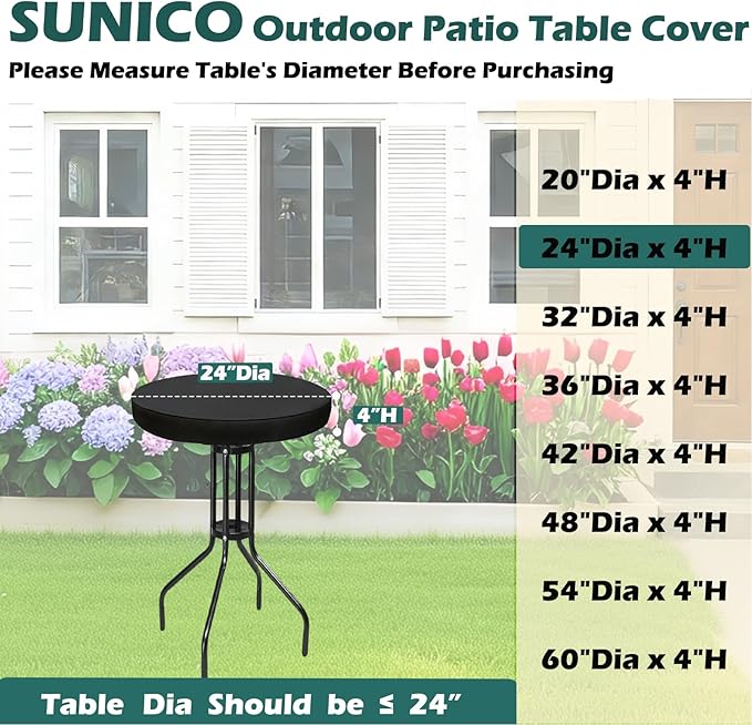 SUNICO Outdoor Round Table Cover 24" Dia, Patio Table Cover Round for Patio Circle Coffee Table & Bistro Table & Picnic Table.Windproof, Waterproof, Stain-Resistant, Durable Table Cover