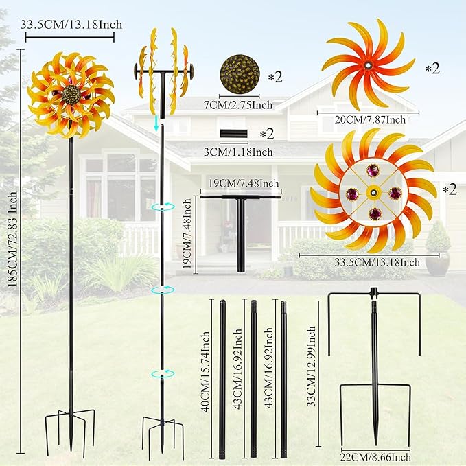 Metal Sunflower Wind Spinner Outdoor,13Inch Large Double Windmill Pinwheels with Stake,Kinetic Wind Sculpture Outdoor for Yard, Garden, Lawn Decorations