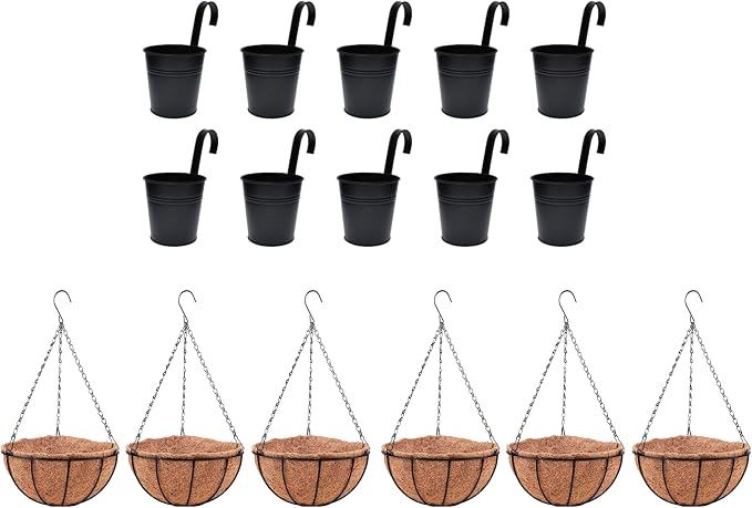 LaLaGreen Bundle - 10 Pack,4 Inch Black Metal Pot + 6 Pack,10 Inch Small and Cute Hanging Basket with Coco Liner,Garden Rail Fence Balcony Flower Succulent Holder Hanger Hook Rustic Outdoor Decor