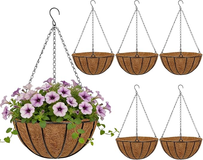 12 Inch Metal Hanging Basket with Coco Coir Liner for Flowers Planting, 6 Pack Hanging Baskets for Plants Outdoor, Round Wire Planters with Chain for Home Patio Porch Balcony Garden Decor