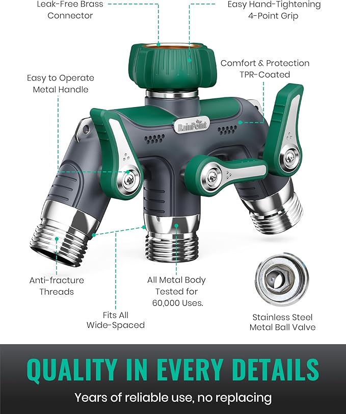 RAINPOINT 3 Way Hose Splitter, 100% Metal Heavy Duty Garden Hose Splitter With 1.9" Extra Long Handle & Individual Shut Off, 3/4 Inch GHT Thread Water Hose Connector For Spigot Faucet (Dark Green)