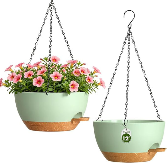 12 Inch Self Watering Hanging Planters, 2 Pack Plastic Plant Pots | Sturdy lightweight pot with side watering lip, drainage holes, snap-on detachable tray & hanging chain for easy care