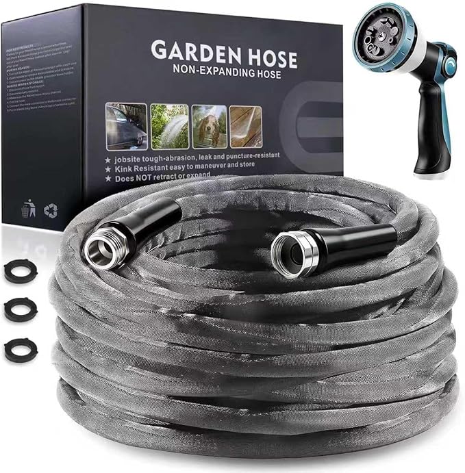 Non-Expandable Garden Hose 75feet, with 10 Function Hose Nozzle, Tough & Flexible, Lightweight, Crush Resistant Fittings, Kink & Tangle Free, Rust Proof