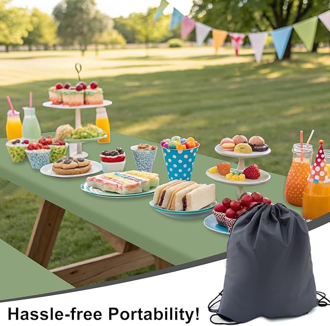 Smiry Picnic Table Cover with Bench Covers, Waterproof Elastic Fitted Polyester Tablecloths for 5 Ft Rectangle Tables, Washable Windproof Tablecloth for Outdoor, Camping (Sage Green, 30x60 Inches)