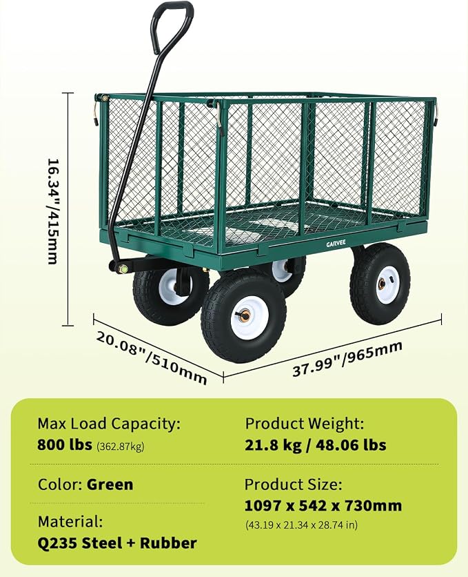 Garvee Versatile Outdoor Utility Cart-800LBS Heavy-Duty, 10" All-Terrain Pneumatic Tires, Easy Maneuverable Lawn Cart with Removable Mesh Panels for Gardening&Landscaping, Green, with Waterproof Liner