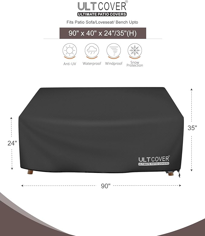 ULTCOVER Waterproof Outdoor Deep Seat Sofa Bench Cover 90W x 40D x 35H inch Patio Furniture Couch Cover, Black