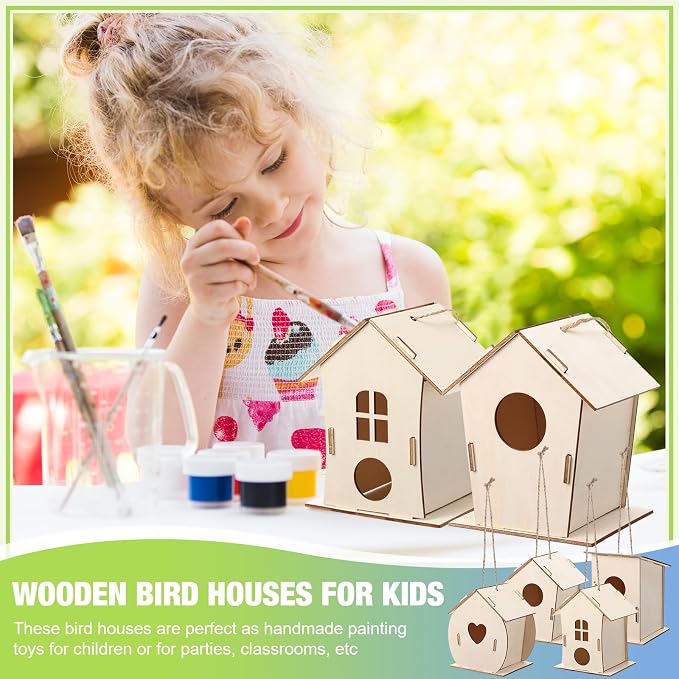 DoubleFill 12 Pcs Bulk Wooden Bird Houses Kits for Kids Mini Bird House for Craft DIY Unfinished Wood Birdhouse to Paint, Build for Children Wooden Arts Classroom Activity, 4 Styles