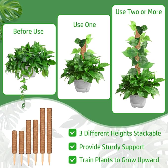 ROADPLUM 102 Inch Moss Pole for Plants Indoor (2*21.7", 2*16.5", 2*12.6") 6Pcs Coco Coir Pole Monstera Plant Support Pole for Plants Climbing with 65.6ft Twist Tie, Plant Tie and Jute Rope for Potted