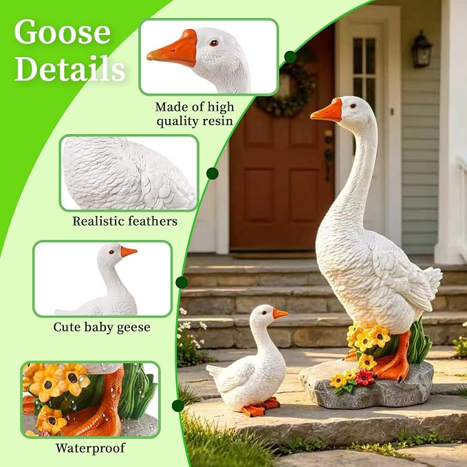 Porch Goose Garden Statue 2 Pack, Mom and Baby Goose Garden Decor, 20 Inches High Goose Statue, Big Resin Yard Decor, Outdoor Geese Figurine for Patio,Porch,Yard,Lawn Ornament, Gifts for Mom
