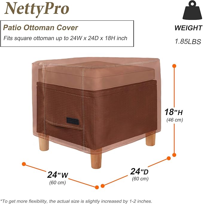 NettyPro Waterproof Ottoman Cover Square 24 x 24 Inch Outdoor Patio Furniture Ottoman Table Cover, Brown
