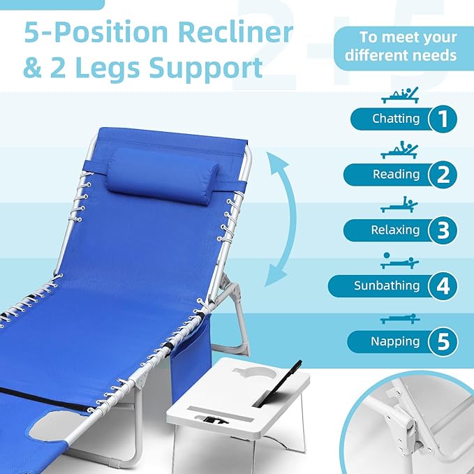 Yestomo 3-in-1 Sun Tanning Chair with Face Holes, Breathable Chaise Lounge Chair Outdoor, 5-Position Recliner, Lay Flat, Folding Side Table, Removable Pillow, Max 330lbs, Beach, Patio, Camping, Blue