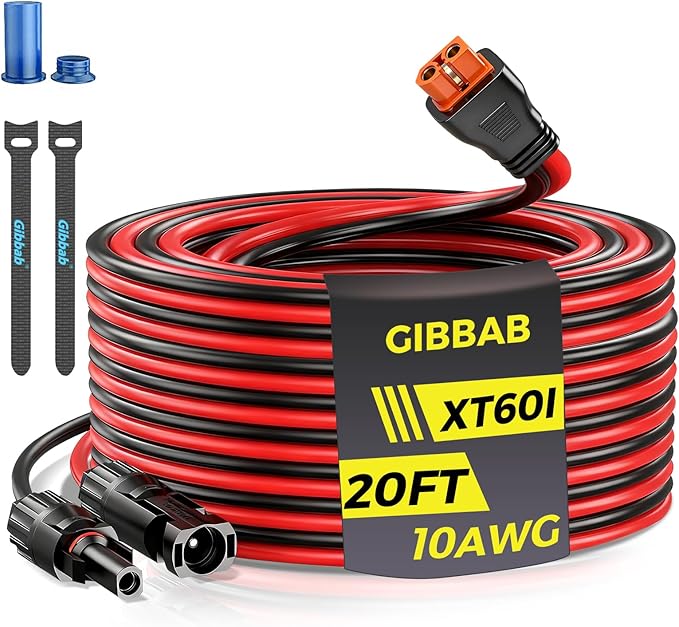 20FT 10AWG Solar to XT60i, Gibbab 3 6 10 16 20 25FT Solar Panel Connector to XT60i-F Adapter Extension Charging Cable for Portable EcoFlow River Delta Anker SOLIX Power Station Generator Battery RV
