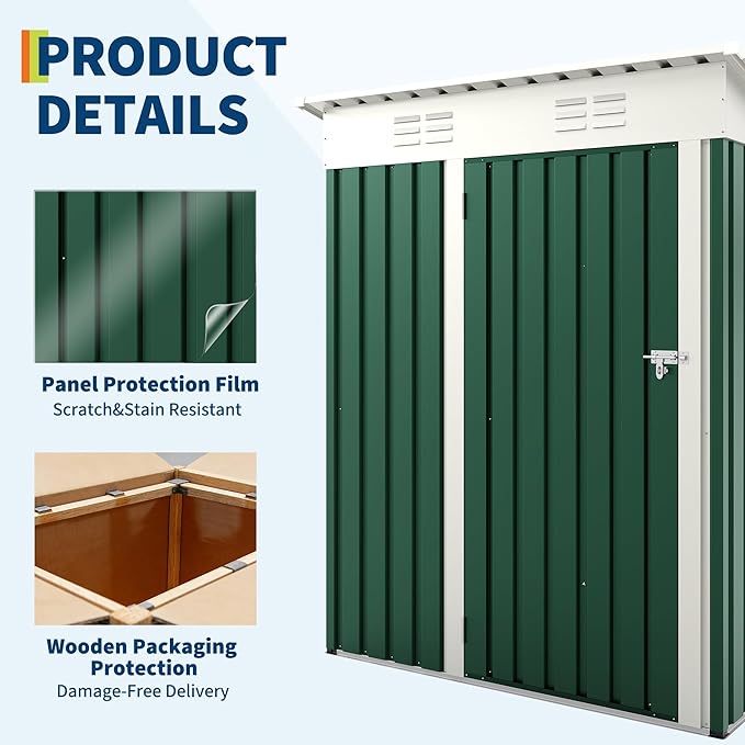 GAOMON Compact Metal Outdoor Storage Outdoor Storage 5x3FT - Weather-Resistant Tool Organizer with Lockable Single Door, Sloping Roof - Ideal for Garden, Backyard, Patio, Lawn Equipment