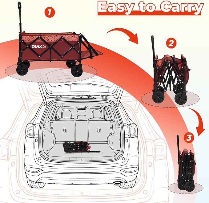 Compact Foldable Tailgate Wagon Cart with Wheels, 12 lb Lightweight Small Folding Utility Wagon for Garden, Grocery, Beach, Camping - Portable Cart (Red)