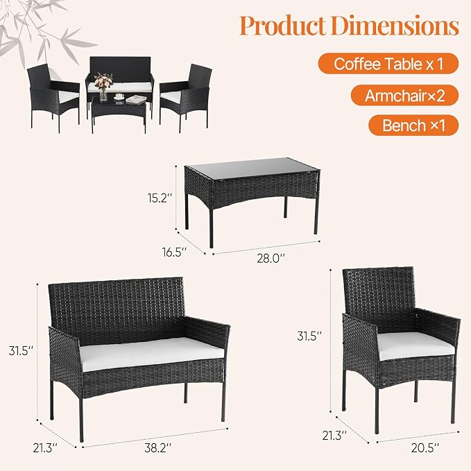 Sweetcrispy 4-Piece Patio Furniture Set, Weather-Resistant PE Rattan Wicker Outdoor Conversation Set with Tempered Glass Tabletop, Durable Outdoor Seating for Garden, Backyard, Porch, Deck, Black
