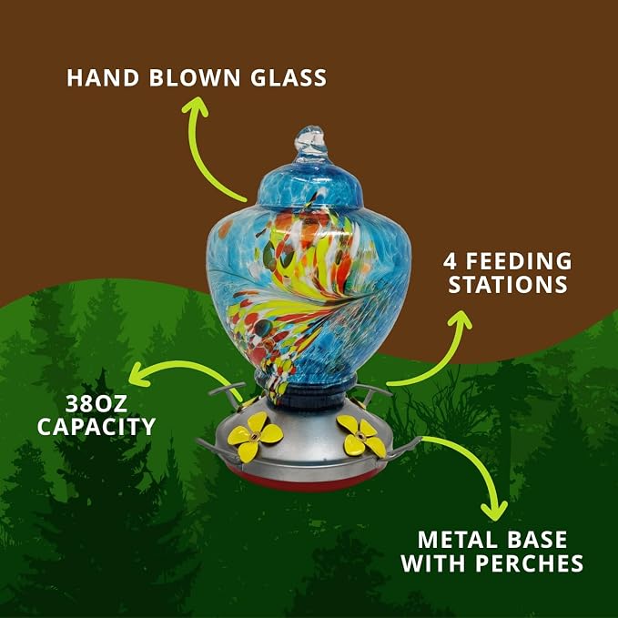Nature Gear Glass Hummingbird Feeder for Outdoors, Hanging Bird Feeder with Ant Moat, Hand-Blown Glass Garden Feeder, Easy Clean Wide Mouth, Rust Resistant, 38 oz, Blue Burst