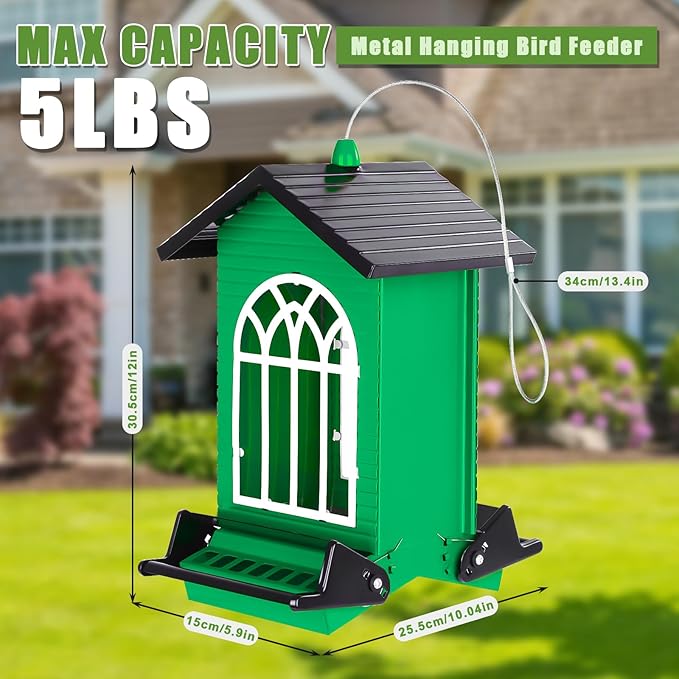 Gbekery Squirrel Proof Bird Feeder for Outdoors,5LB Large Capacity,Metal Wild Bird Seed Feeder with Bilateral Weight-Activated Perches for Outside Hanging,Garden Decoration,Green