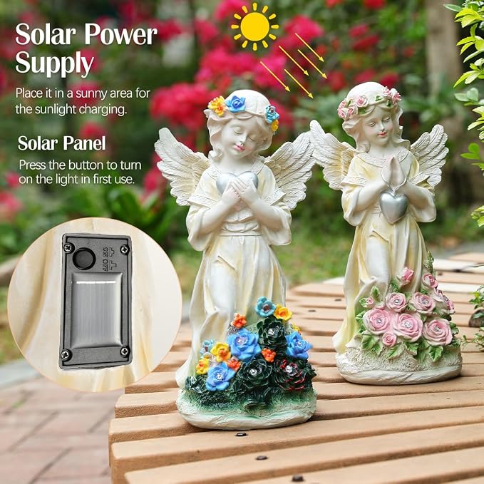Angel Garden Statue 2Pcs,Love Heart Solar Garden Decor with Warm Light,Waterproof Praying Angel Statue with Flowers,Outdoor Garden Decor Sculpture for Lawn Yard Patio Garden Present,Apricot