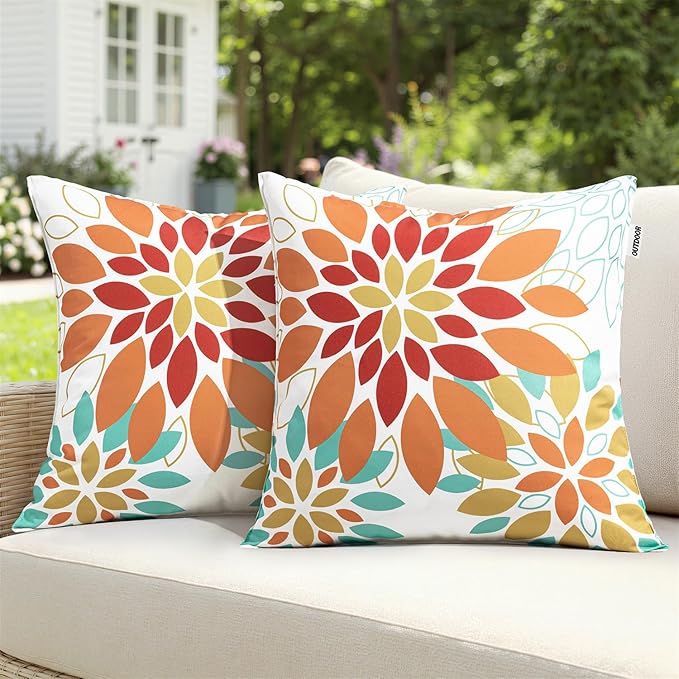 Floral Outdoor Pillow Covers Waterproof Spring Throw Pillow Cases Orange Yellow 18x18 Inch Set of 2 Decorative Summer Cushion Covers for Patio Furniture Garden Bench Porch Sofa