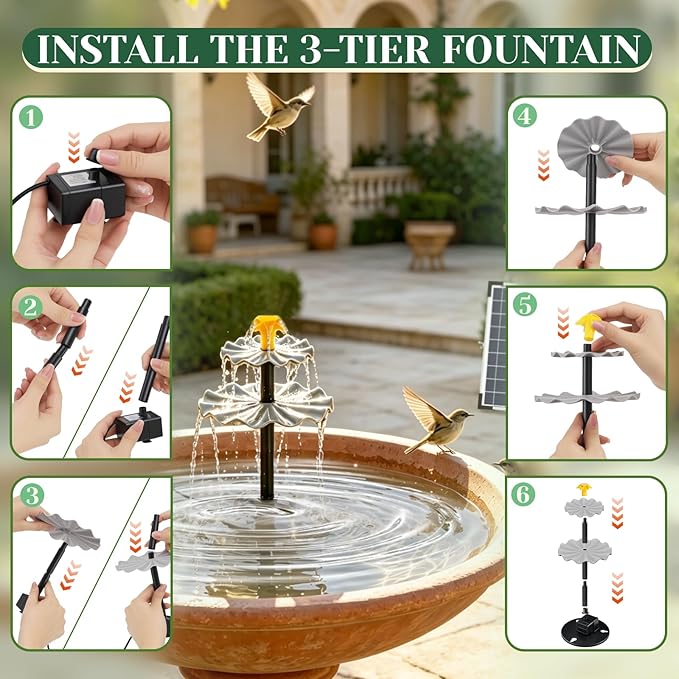 9V 6W Solar Fountain, Solar Water Pump with 3 Nozzles & 9.84ft Cable, Cascading Solar Fountain Solar Bird Bath Fountain for Small Pond, Patio, Garden, Outdoor Water Feature