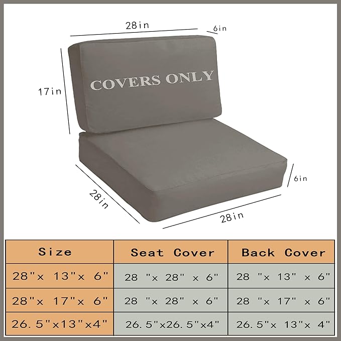 Sqodok Patio Cushion Covers Replacement, Deep Seat Patio Cushions Cover Set of 4, Waterproof Seat and Back Cushions Cover for Outdoor Furniture Chair, Sofa, Couch(Grey,28"x28"x6"+28"x17"x6")
