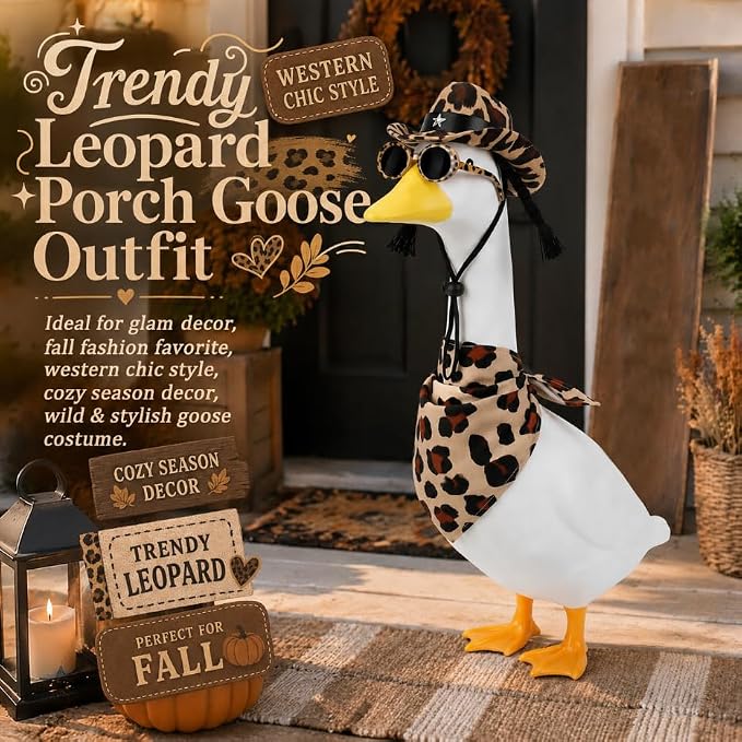 Summer Leopard Print‌ Porch Goose Outfits Clothes with Sunglasses, Beach 23 inch Porch Goose Costume Clothing for Patio Yard