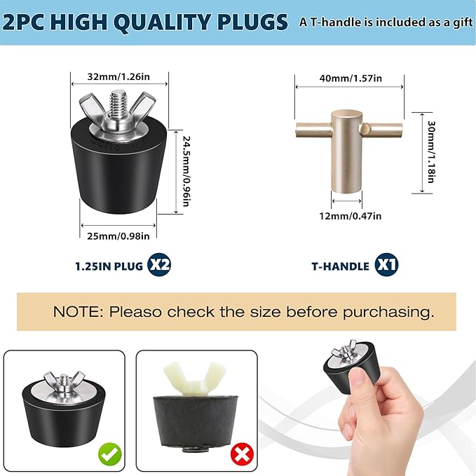 2 Pack Rubber Pool Winter Plugs with One T-Handle 1" – 1.25" Pool Winterizing Plugs with Stainless Steel Screws Pool Return Jet Plug Inground & Above Ground Skimmer Plug for Pools
