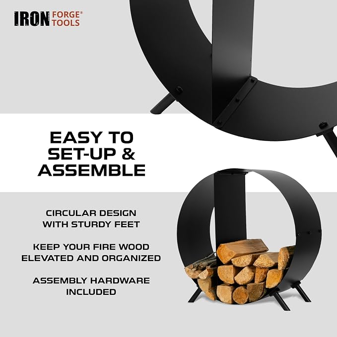Iron Forge Tools Firewood Rack Outdoor Indoor Fire Wood Rack - 24 in. Circular Fire Log Holder, Powder Coated Steel Heavy Duty Firewood Holder Wood Storage with Cover