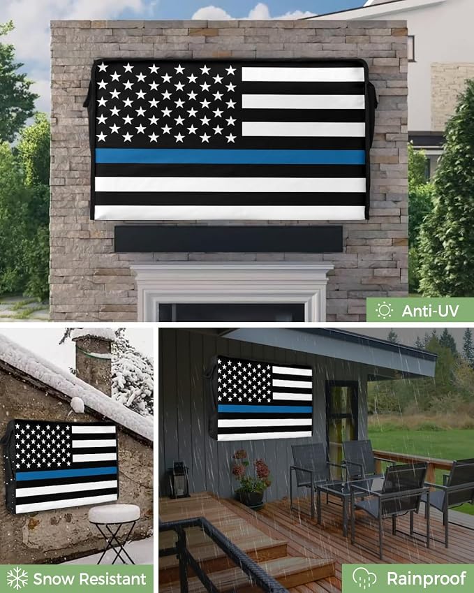 American Police Flag Outdoor TV Cover 60 to 65 Inches Weatherproof & Waterproof, Blue White Outdoor TV Enclosure with Remote Control Pocket, Law Enforcement Officers TV Screen Protector for Outside TV