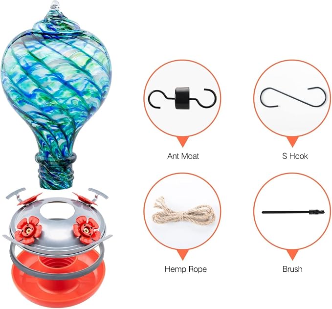 Muse Garden Hummingbird Feeder Hand Blown Glass Decor for Backyard, Gift for Hummingbird Lovers, Unique Gardening Gift (Blue Mermaid) 32OZ | Muse Garden Hummingbird Feeder Hand Blown Glass Decor for Backyard, Gift for Hummingbird Lovers,