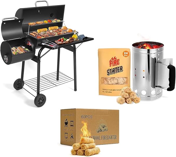 Offset Smoker Bundle with Steel Charcoal Bucket & 60 Starters