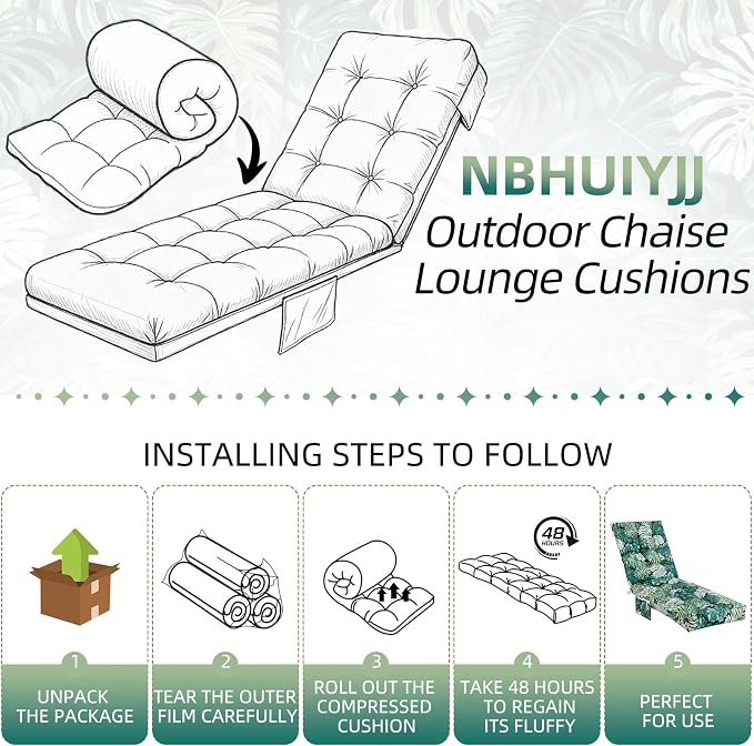 Patio Chaise Lounge Cushions, 68"x21"x4.5" Waterproof Replacement Beach Pool Lawn Outdoor Lounge Chair Cushion with Pocket, Non-Slip Bottom & Secure Ties for Outdoor Furniture, Monstera