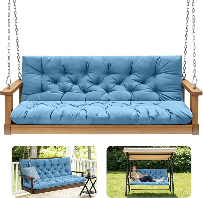 Porch Swing Cushions,Outdoor Cushions 3 Seater Replacement with Backrest, Waterproof Thickened Bench Cushion with Ties for Porch, Patio,Outdoor, Backyard and Garden (Sky Blue 40 * 40 in)
