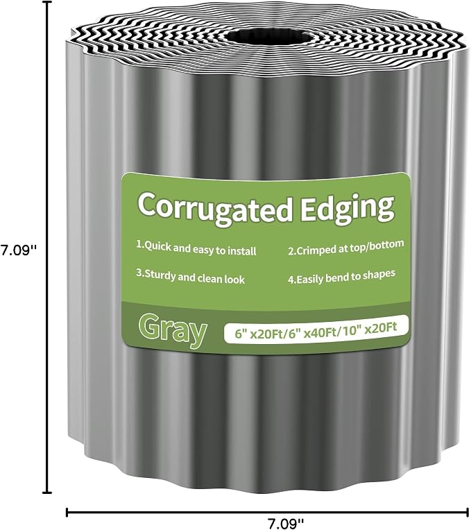 Corrugated Metal Garden Edging, 6"×20Ft Landscape Edging Border for Garden, Flower Bed, Lawn and Landscape Edging (Gun Silver)